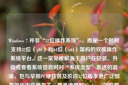 Windows 7 并非“32位操作系统”，而是一个同时支持32位（x86）和64位（x64）架构的双模操作系统平台。这一常见误解源于用户在安装、升级或查看系统信息时对“系统类型”表述的混淆，也与早期PC硬件普及阶段32位版本更广泛部署的历史背景有关。要准确理解Windows 7的位数本质，需从架构设计、版本划分、硬件兼容性、内存寻址能力及技术演进等多个维度进行系统性辨析。