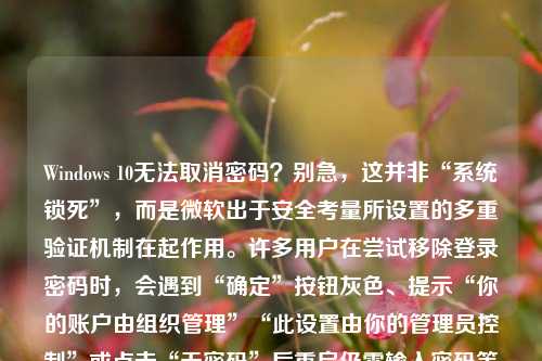 Windows 10无法取消密码？别急，这并非“系统锁死”，而是微软出于安全考量所设置的多重验证机制在起作用。许多用户在尝试移除登录密码时，会遇到“确定”按钮灰色、提示“你的账户由组织管理”“此设置由你的管理员控制”或点击“无密码”后重启仍需输入密码等现象。本文将系统性地解析问题成因，并提供7种切实可行、覆盖绝大多数场景的解决方案，助你安全、合规、彻底地取消Windows 10登录密码（适用于家庭版、专业版及教育版用户）。